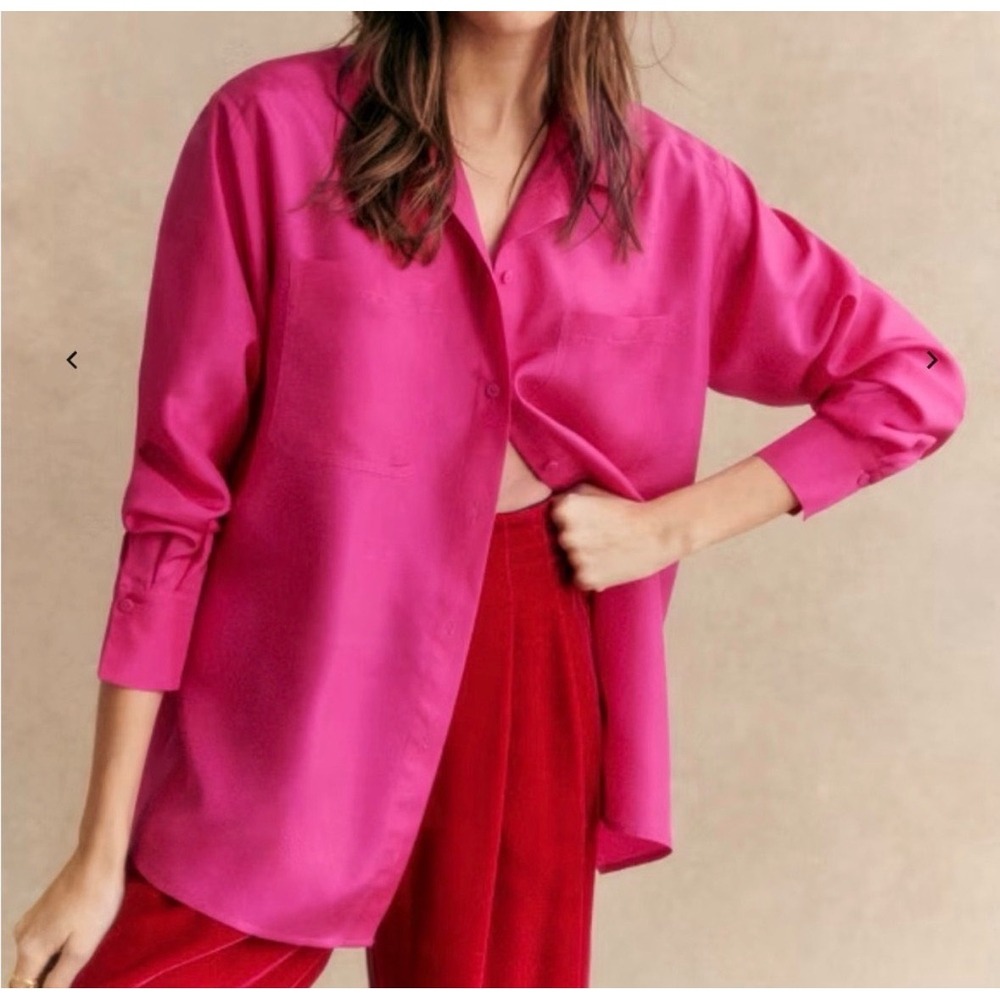 Sezane Maxence Fuchsia Pink 100% Silk Oversized Button Down Blouse EU 38 US 6